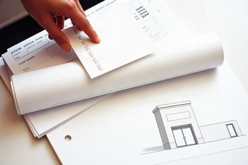 Fascicolo con il disegno arrotolato e i moduli della pratica
