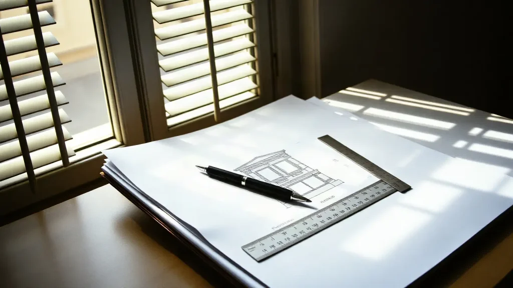 Prospetto della facciata con l'insegna disegnata, penna e squadra accanto