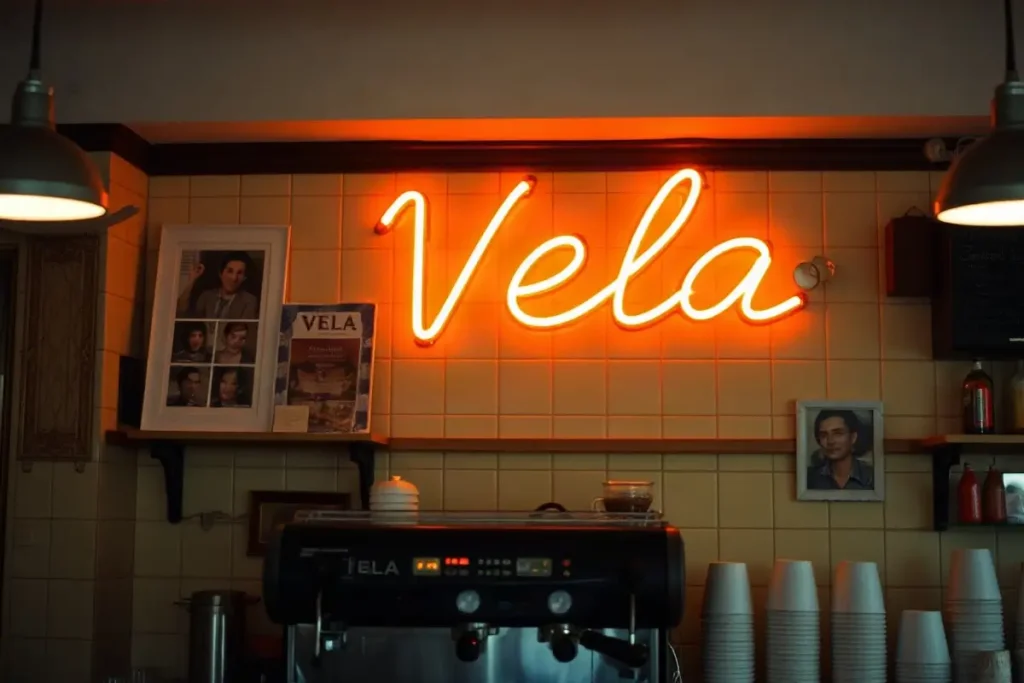 Scritta al neon accesa sulla parete dietro il bancone di un bar