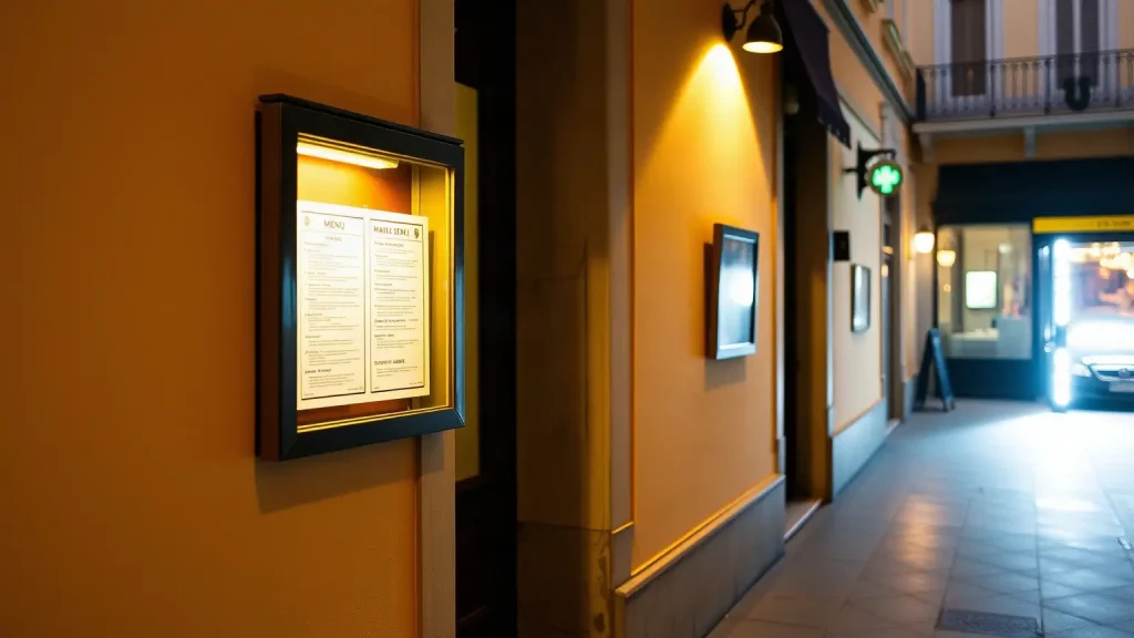 Bacheca del menu illuminata accanto all'ingresso di un locale