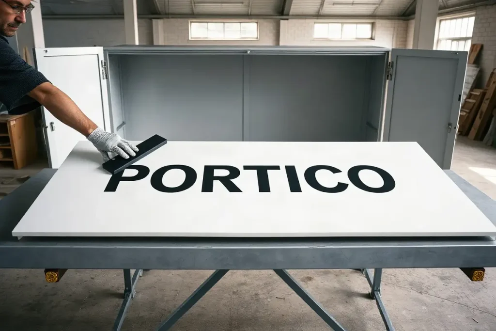 Applicazione della grafica adesiva sul frontale in plexiglass di un cassonetto