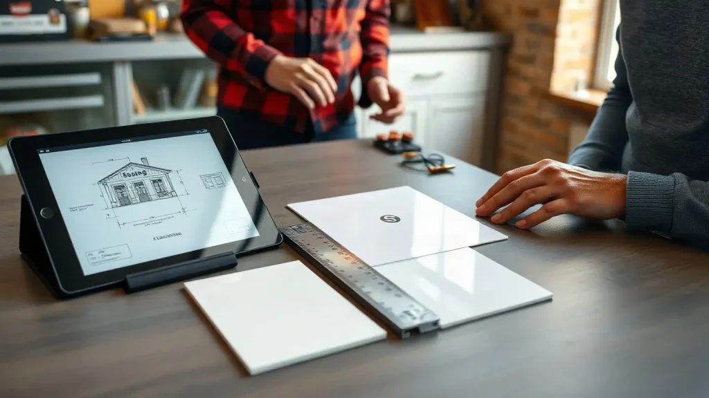 Tavolo del sopralluogo con tablet, campione di plexiglass e profilo in alluminio