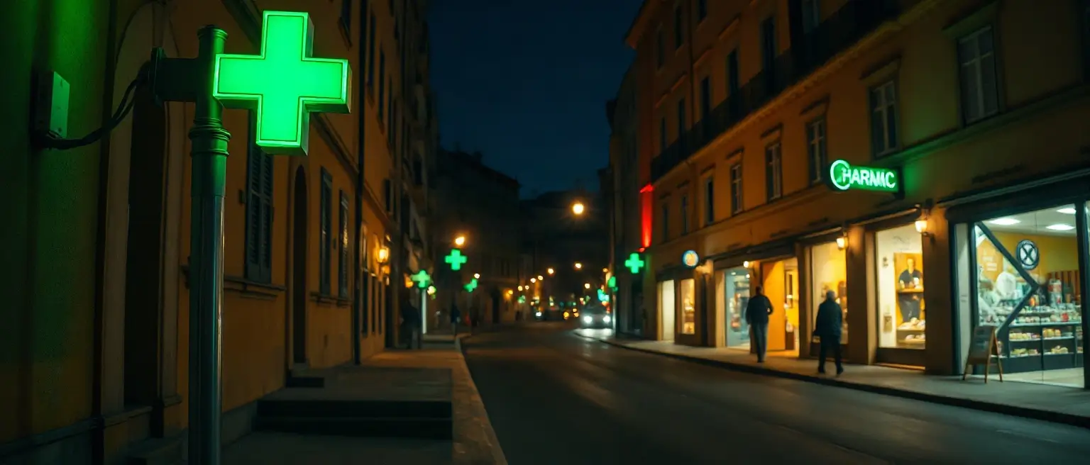 Croce verde accesa lungo una via di sera