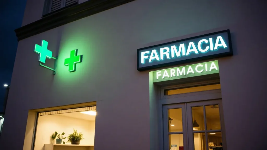 Croce verde e insegna coordinata accese sulla facciata di una farmacia