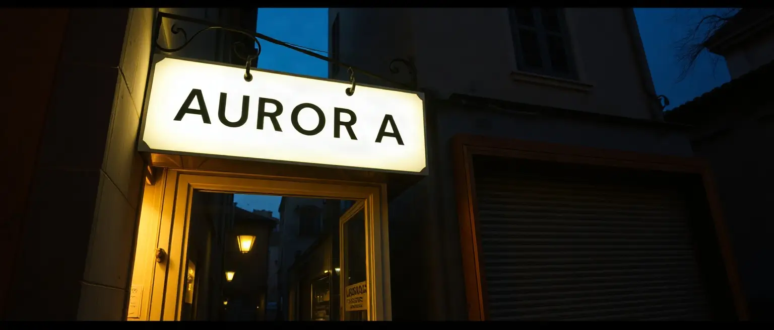 Insegna luminosa accesa sopra una vetrina in una via al crepuscolo