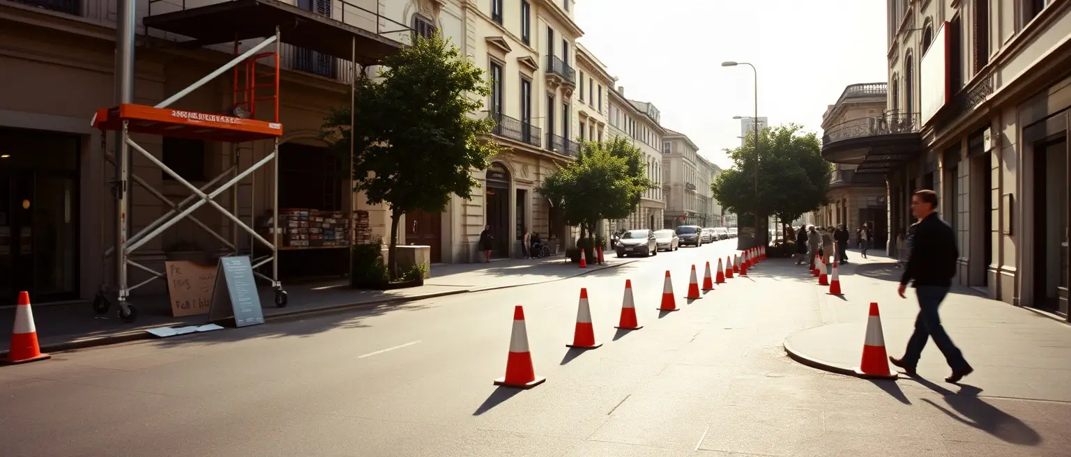 Strada transennata con i coni durante l'installazione di un'insegna