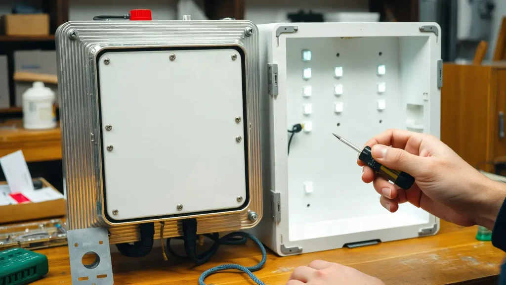 Alimentatore e cablaggio dentro il retro di un'insegna luminosa