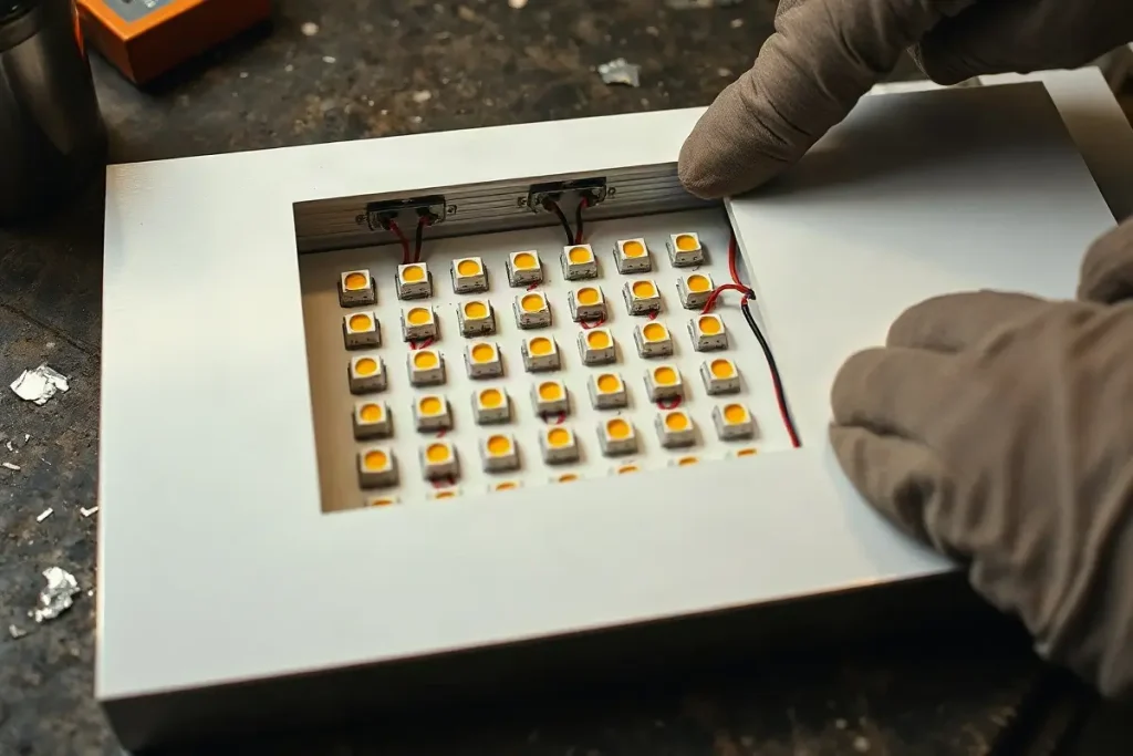 Moduli LED allineati dentro la cavita' di una lettera scatolata aperta