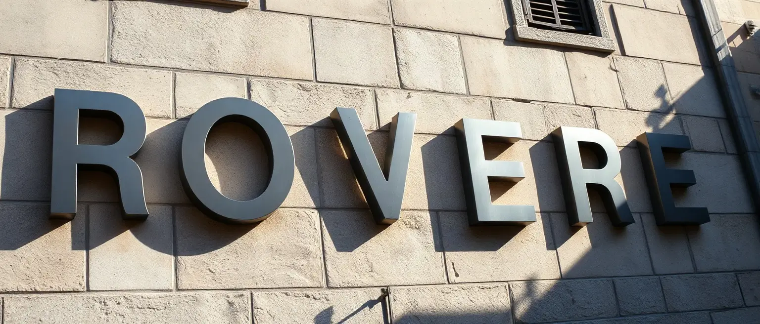 Lettere in acciaio su una facciata in pietra con la luce radente