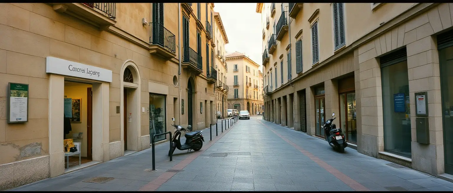 Via con una fila di negozi e le insegne sopra le vetrine