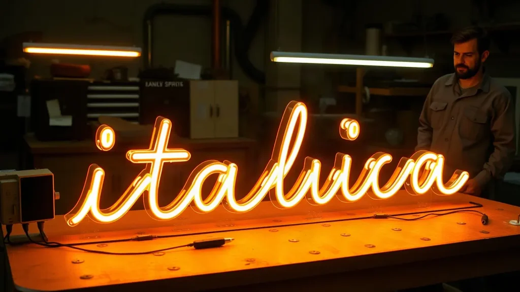 Scritta al neon accesa sul banco di collaudo del laboratorio
