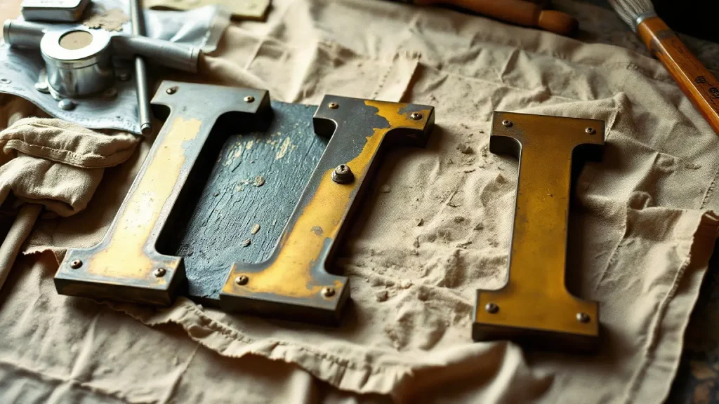 Lettera in ottone con meta' della patina rimossa sul panno del restauratore