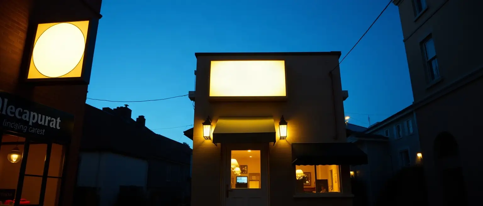Ristorante visto dalla strada con l'insegna accesa sopra l'ingresso