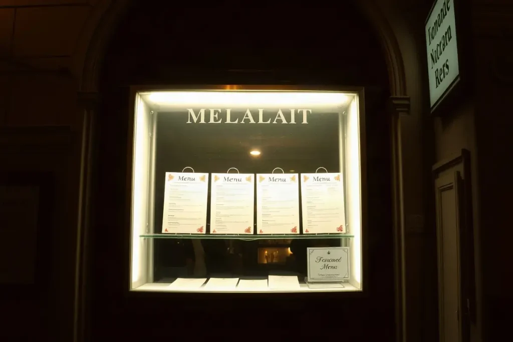 Bacheca del menu illuminata accanto all'ingresso di un ristorante