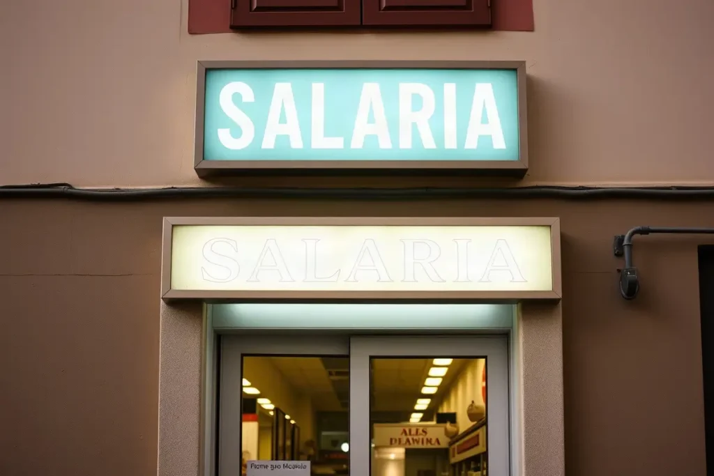 Insegna luminosa accesa sopra la porta di un negozio di quartiere