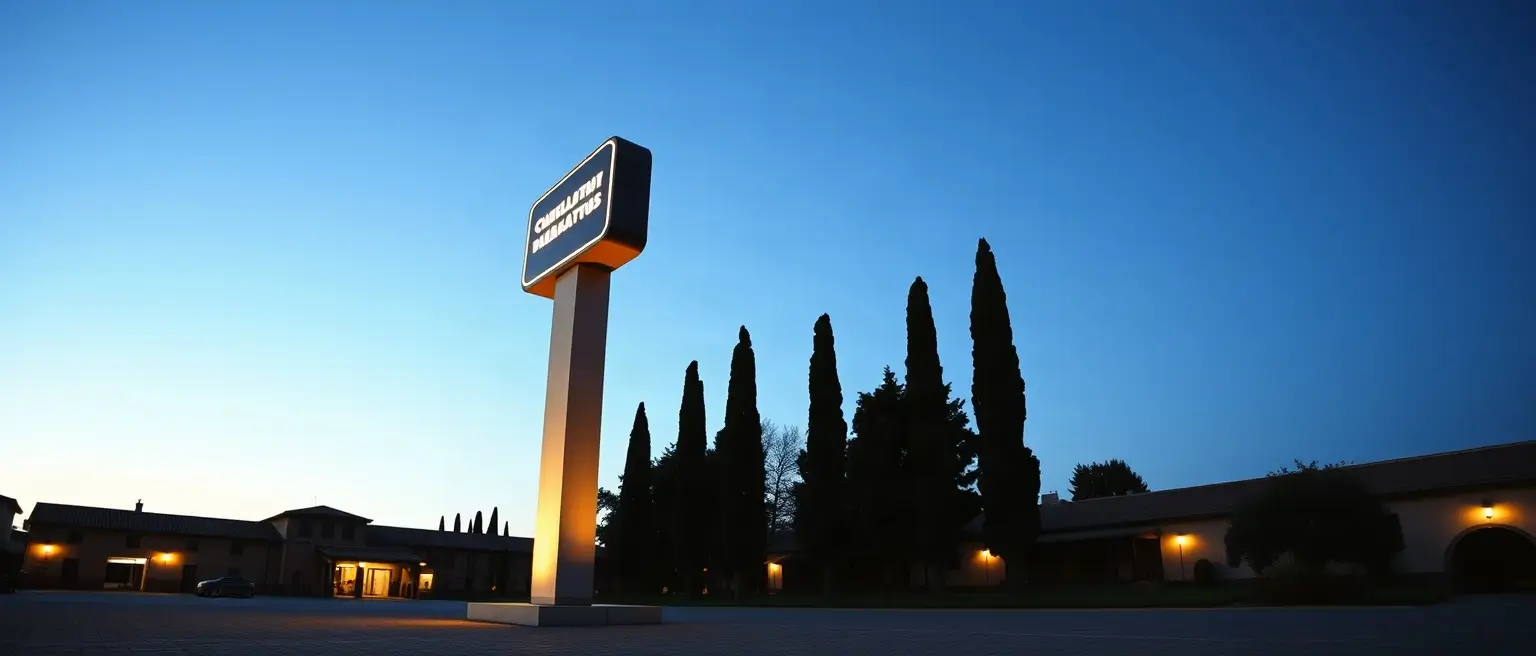 Totem illuminato al bordo di un piazzale al crepuscolo